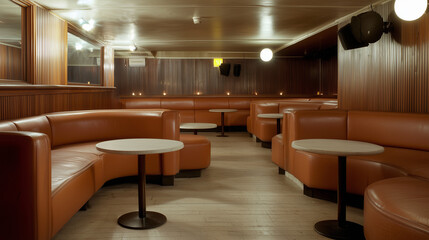 Fototapeta premium Retro Lounge Ambiance: A vintage-inspired lounge with plush leather booths, round tables, and warm lighting creates a cozy and inviting atmosphere. Perfect for cocktail parties, social gatherings.