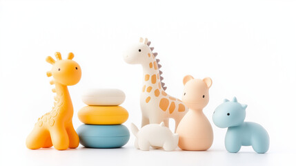 Obraz premium Playful Safari: A charming collection of colorful, soft baby toys, including a giraffe, bear, and a hippopotamus.