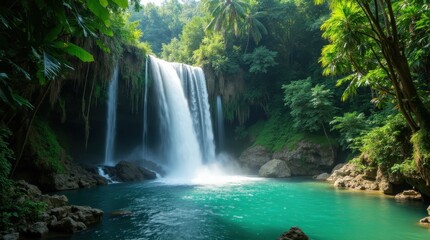 Fototapeta premium Tropical Rainforest Waterfall Cascading Over Rocks
