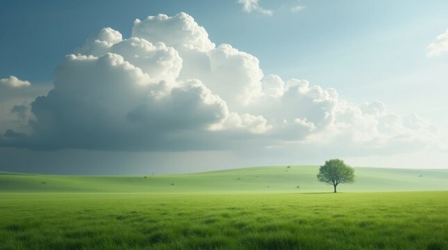 Lone Trees on a Vast Grassy Plain Under Dramatic Clouds