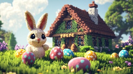 A pixel bunny surrounded by polka-dot Easter eggs, standing in front of a pixelated cottage.