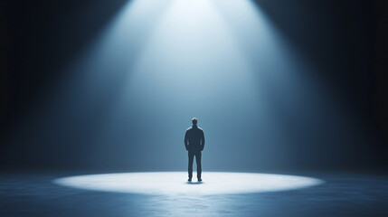 Solitary Figure in Spotlight: A lone individual stands silhouetted in a dramatic spotlight, symbolizing introspection, resilience, or the weight of expectation.