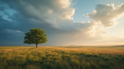 Obraz premium Lone Tree on Wide Open Grassland Under Dramatic Sky