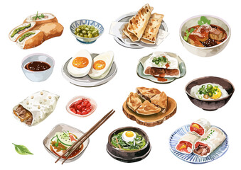 Asian Food Watercolor Illustration Collection. isolated white background
