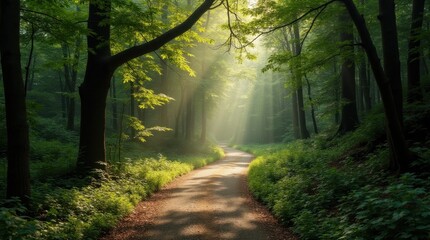 Fototapeta premium Sunlit Path Through a Dense Forest