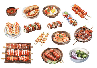 Watercolor Food Illustration, Collection of Asian Street Food Skewers. isolated white background