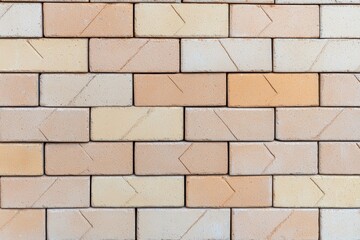 Naklejka premium Housing mortgage demand concept. A textured wall made of various colored bricks, showcasing a blend of light hues arranged in a uniform pattern.