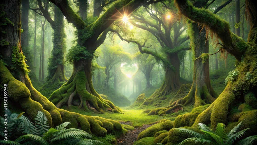 Poster sunlit path through a lush, moss-covered enchanting forest
