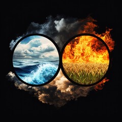 Opposing elements, fire and water, nature clash.