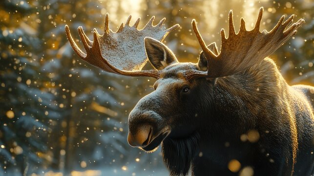 Majestic moose with antlers covered in snow in a winter forest, bathed in golden sunlight. - Powered by Adobe
