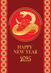 Happy chinese new year 2025, year of the snake, modern luxury hand drawn, design in red, gold colors for card, poster,banner, Template.