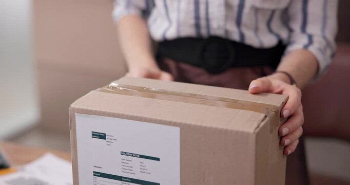 Hands, box and cutter with person, home and delivery with gift for Christmas, open and check in morning. Customer experience, cardboard and package with knife for supply chain, logistics or product