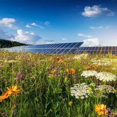 Generated image A field of wildflowers with solar panels in the background