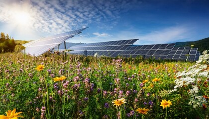 Generated image A field of wildflowers with solar panels in the background