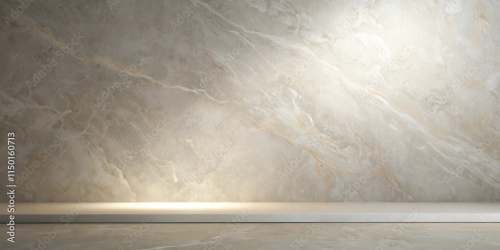 Poster Elegant Studio Backdrop with Illuminated Display Platform and Textured Stone Wall