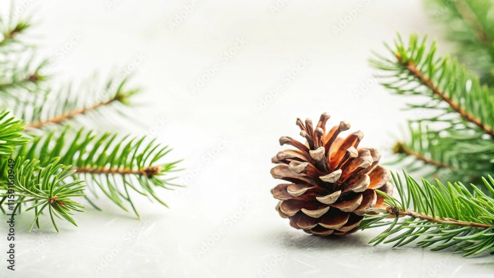 Poster serene winter scene featuring a pine cone and evergreen branches on a light background.
