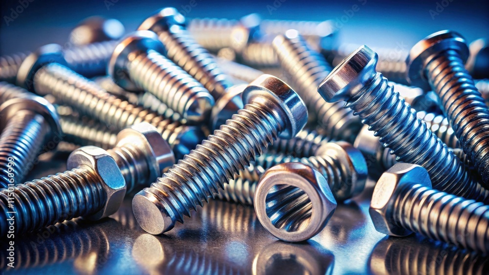 Poster close-up of numerous metallic screws and nuts arranged on a reflective surface