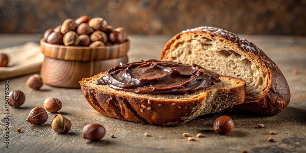 Poster delicious hazelnut spread on crusty bread with nuts