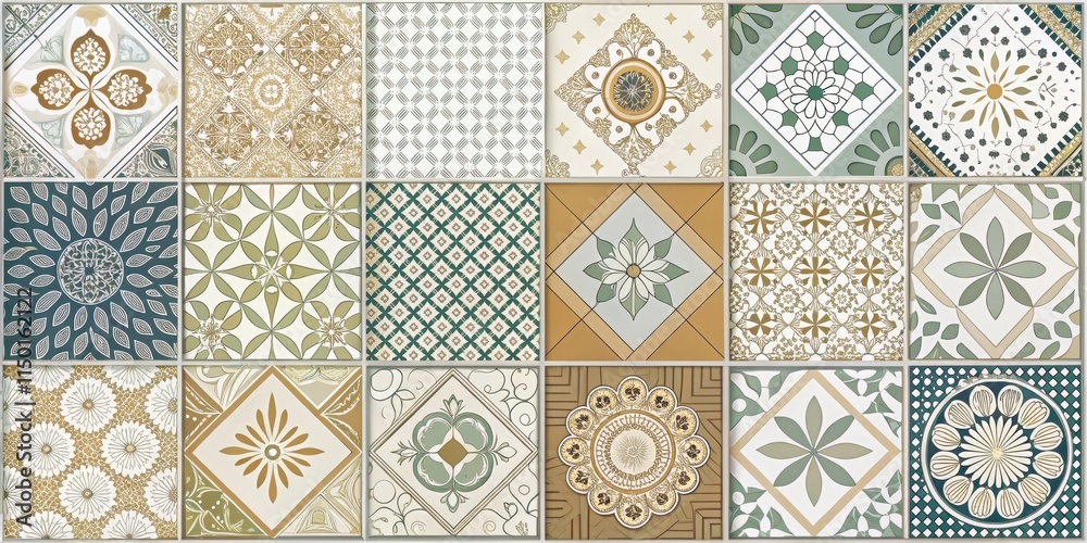 Poster a collection of eighteen decorative tiles featuring intricate floral and geometric patterns in earth