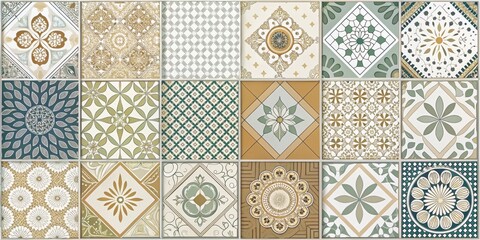 A Collection of Eighteen Decorative Tiles Featuring Intricate Floral and Geometric Patterns in Earthy Tones