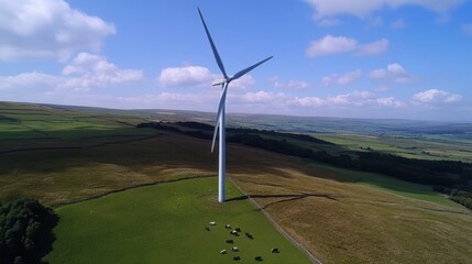 Aerial View of a Single Wind Turbine on a Green Pasture with Cows Under a Blue Sky and Rolling Hills in the Background