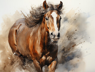 Aquarelle artistique cheval au galop