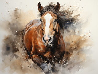 Aquarelle artistique cheval au galop