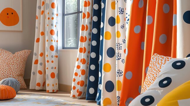 Colorful curtains and decorative pillows brighten a modern living space - Powered by Adobe