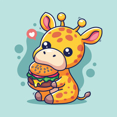 Cute giraffe with burger. Vector illustration in cartoon style.