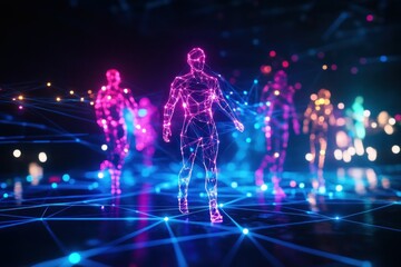 Vibrant Digital Network with Illuminated Figures