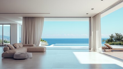 Sea view empty large living room of luxury summer beach house with swimming pool near terrace. Big white wall background in vacation home or holiday villa.