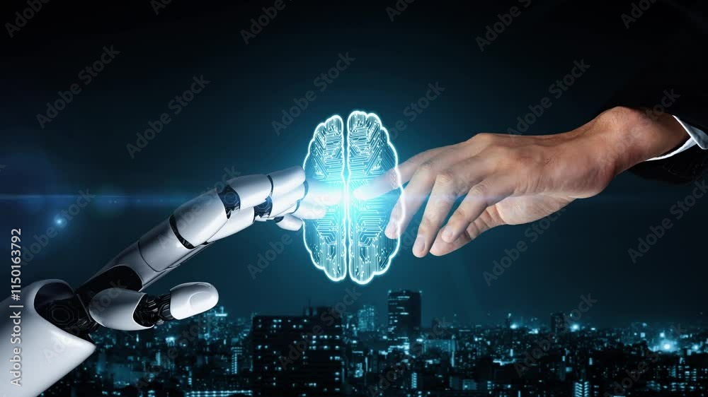 Poster futuristic robot artificial intelligence enlightening ai technology development and machine learning
