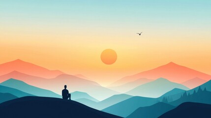 Fototapeta premium Serene Sunset Over Mountains with Silhouette of Sitting Person