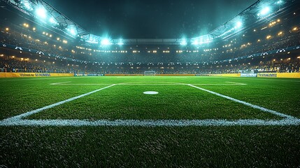 Obraz premium Night Stadium Soccer Field Green Grass Illuminated