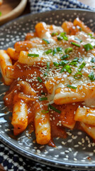 Spicy Tteokbokki with rice cakes and melted cheese in vibrant red sauce