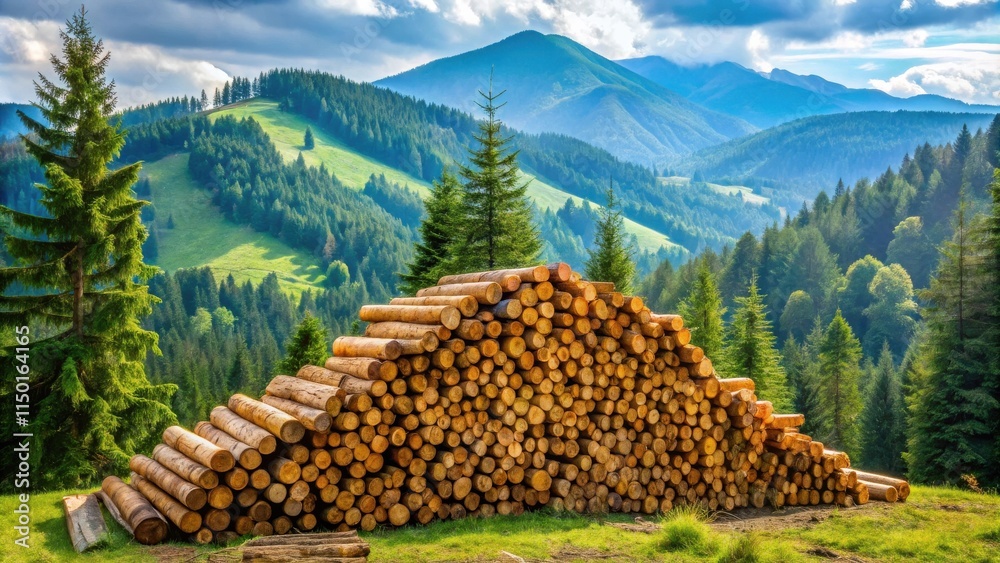 Aufkleber a large stack of freshly cut logs rests on a grassy hillside, overlooking a vast and picturesque mou