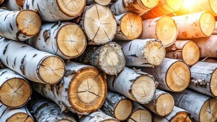Fototapeta premium A Stack of Birch Logs Basking in Golden Sunlight