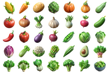 Icon set of vegetables 3d, cartoon style, transparent background, PNG. Generative Ai.