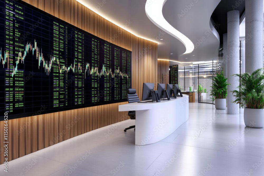 Poster a 3d-rendered image of an ultra-modern trading room with holographic currency charts and futuristic 