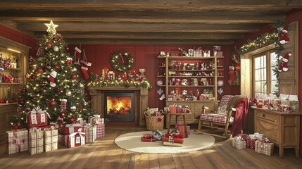 Rustic Christmas Living Room with Decorated Tree and Presents