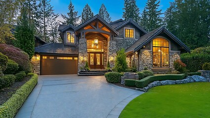 A breathtaking estate, bathed in the warm glow of twilight. The meticulously manicured landscaping and elegant architecture create a truly captivating scene.