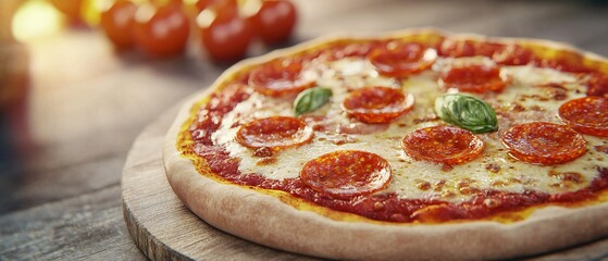 National Pizza Day Delicious Pepperoni Pizza on Wooden Board