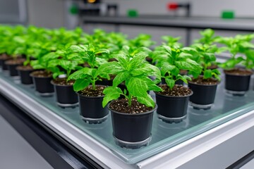 A GMO research facility with rows of genetically modified corn plants growing in glass tubes, each with a unique identifier tag - obrazy, fototapety, plakaty