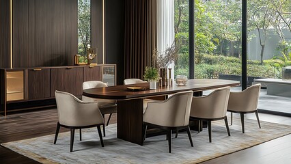 A sophisticated dining experience awaits. Rich tones and elegant lines create a warm and inviting atmosphere.