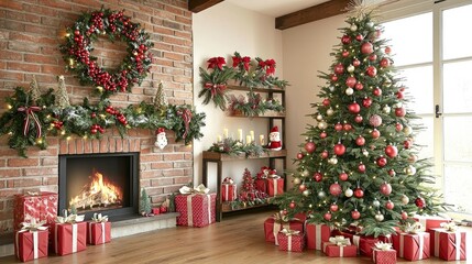 Festive Christmas Living Room with Decorated Fireplace and Christmas Tree