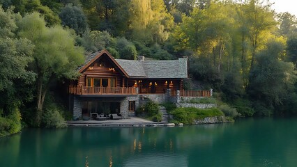 Fototapeta premium Tranquil retreat nestled amongst nature's embrace. Serene surroundings, perfect for a peaceful escape.