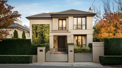 A sophisticated facade, bathed in the golden hour light, showcasing modern elegance. Architectural perfection.