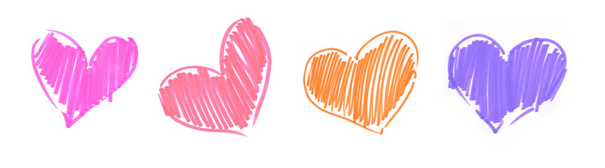 A set of orange, pink, purple, red hearts, hand-drawn with a felt-tip pen. Heart, love, hand-drawn marker. A heart isolated on a white background for design