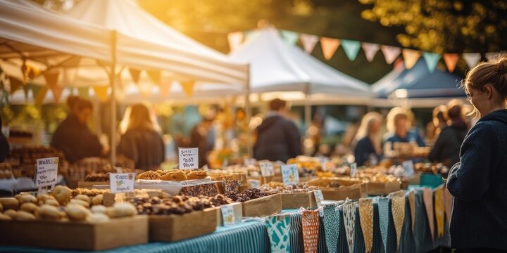 Residents hosting a local fundraiser in a park, with booths offering handmade crafts, baked goods, and games for children, while banners and colorful decorations create a lively community vibe. 
