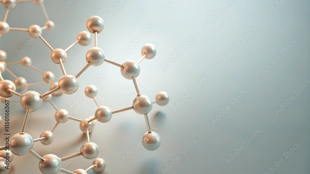 Poster abstract molecular structure with pearl-like spheres and metallic bonds, representing scientific inn